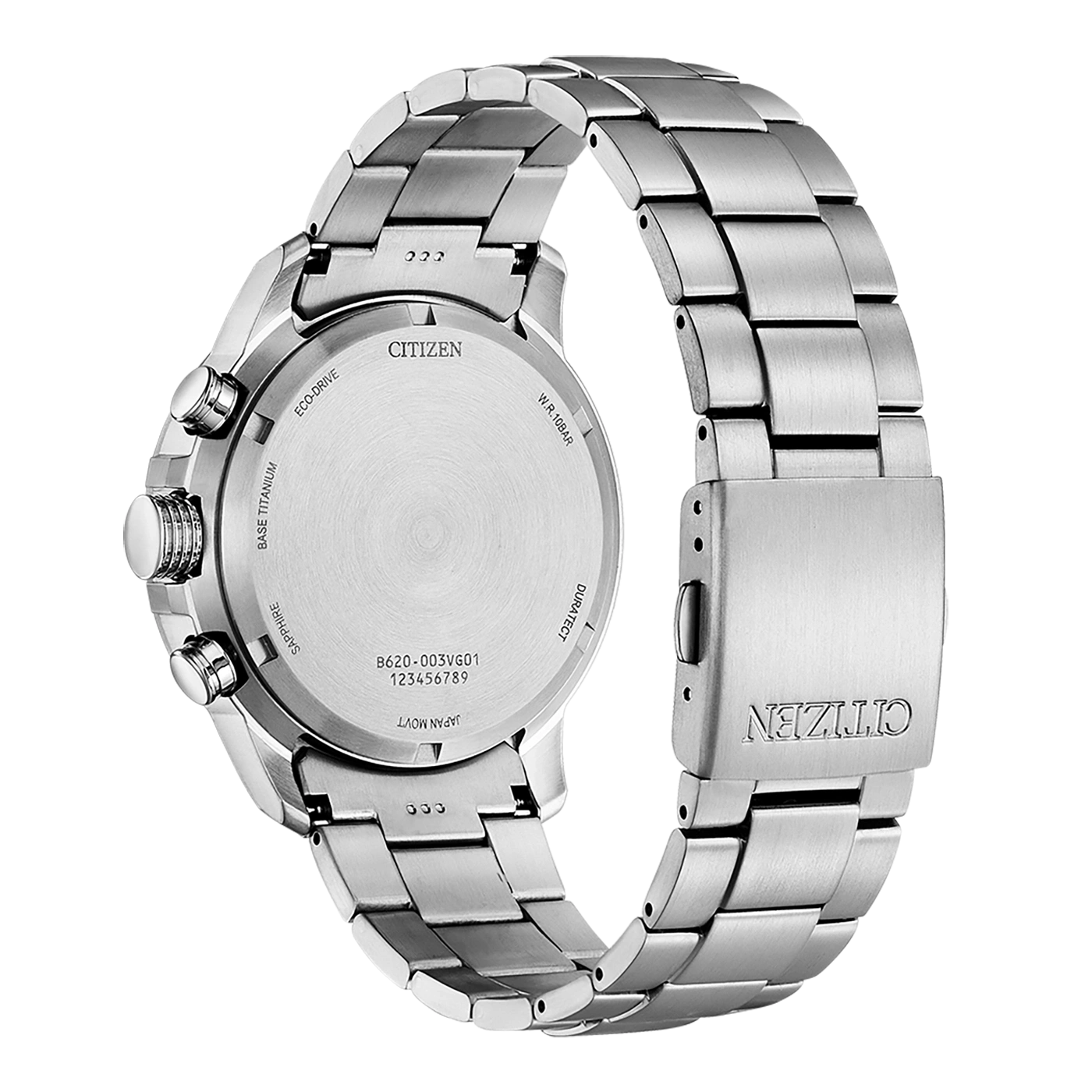 Citizen-Uhrrückseite mit Details: Saphir, Titan, Eco-Drive und weitere Informationen.