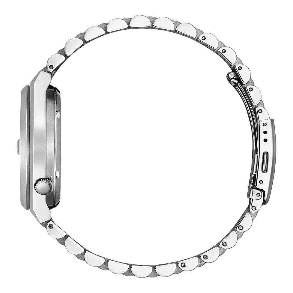 Seitenansicht einer silbernen Armbanduhr mit Metallband, elegantes Design.