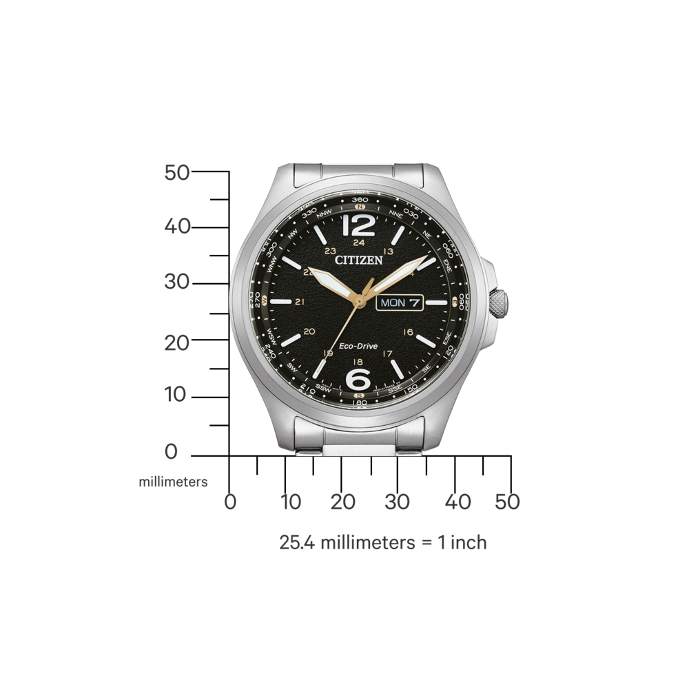 Citizen-Uhr mit schwarzem Zifferblatt, silbernem Armband und Datumsanzeige. Eco-Drive-Technologie.