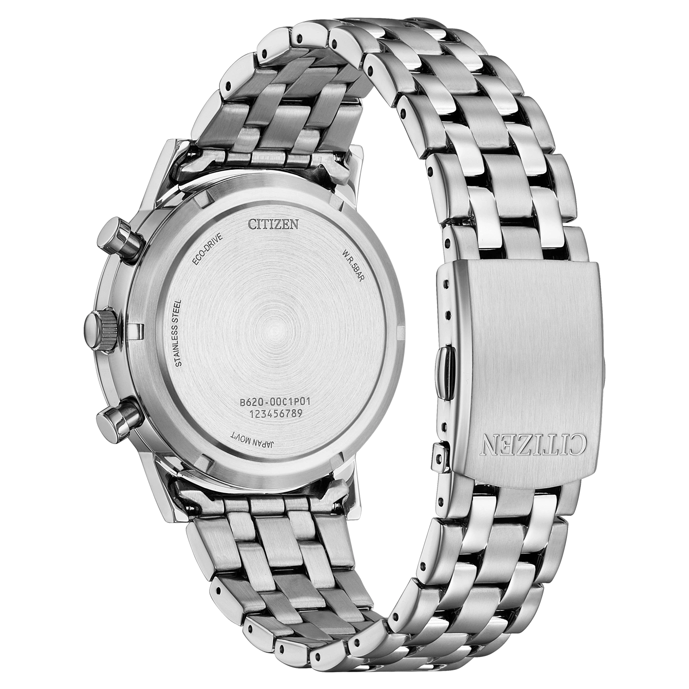 Citizen-Uhrrückseite, Edelstahl, Eco-Drive, Japan-Uhrwerk, W.R. 5BAR