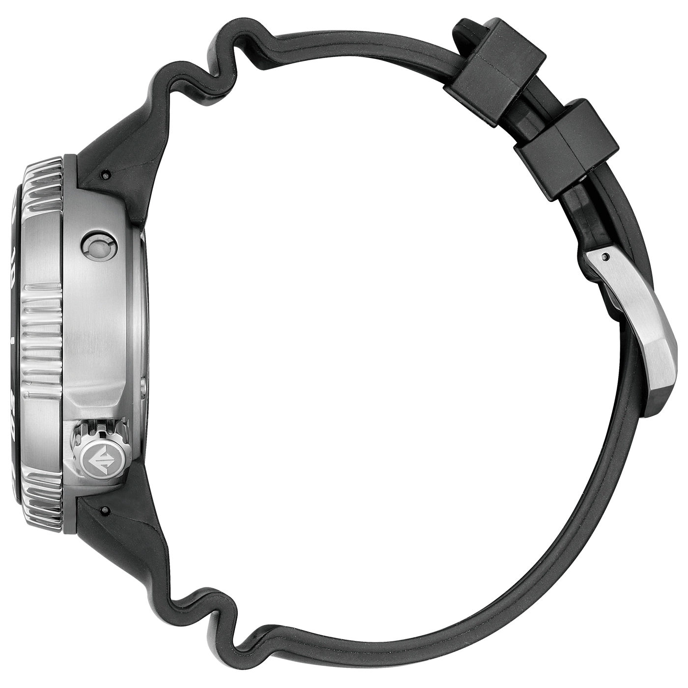 Seitenansicht einer silbernen Uhr mit schwarzem Kautschukarmband.