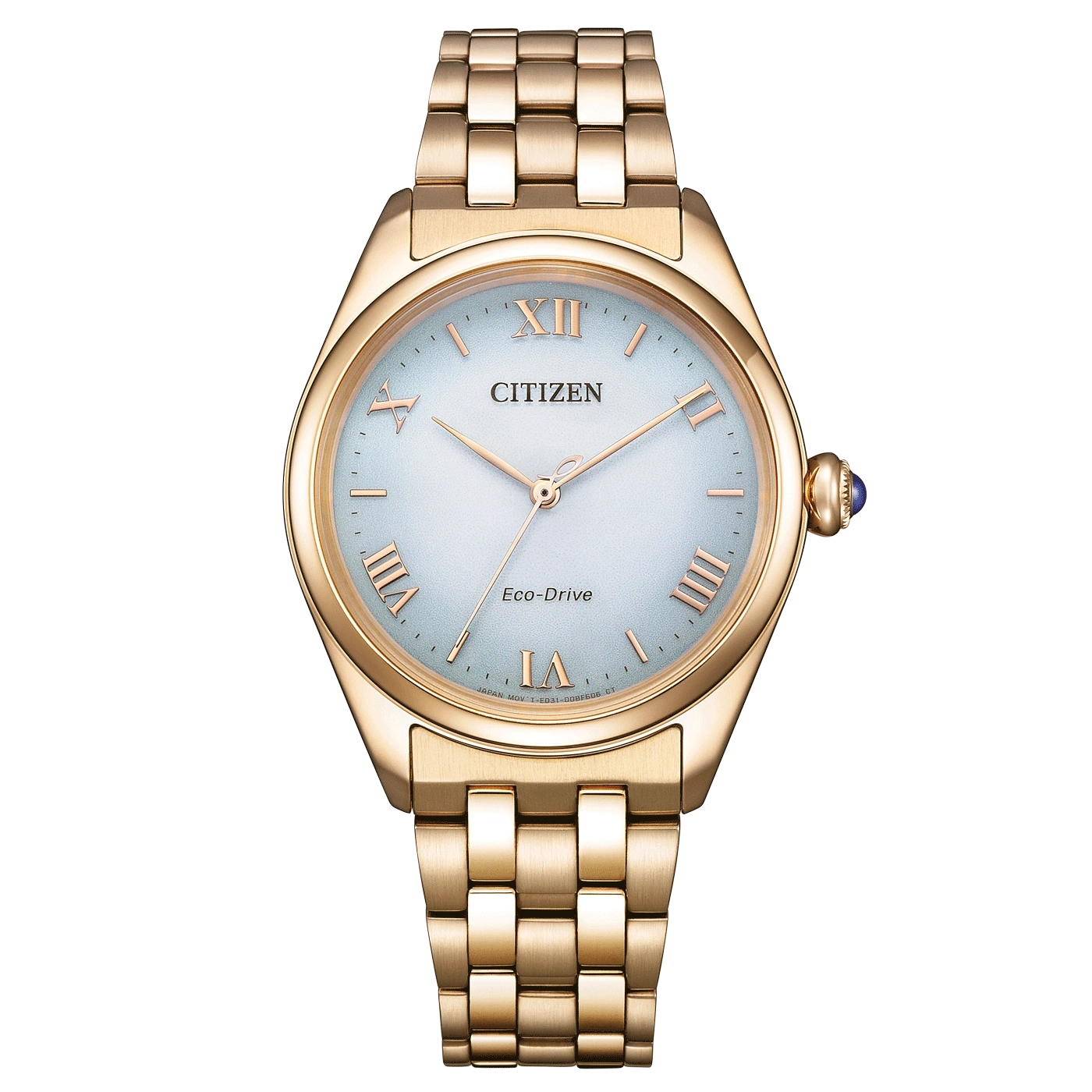 Goldene Citizen-Uhr mit römischen Ziffern und Eco-Drive-Technologie.