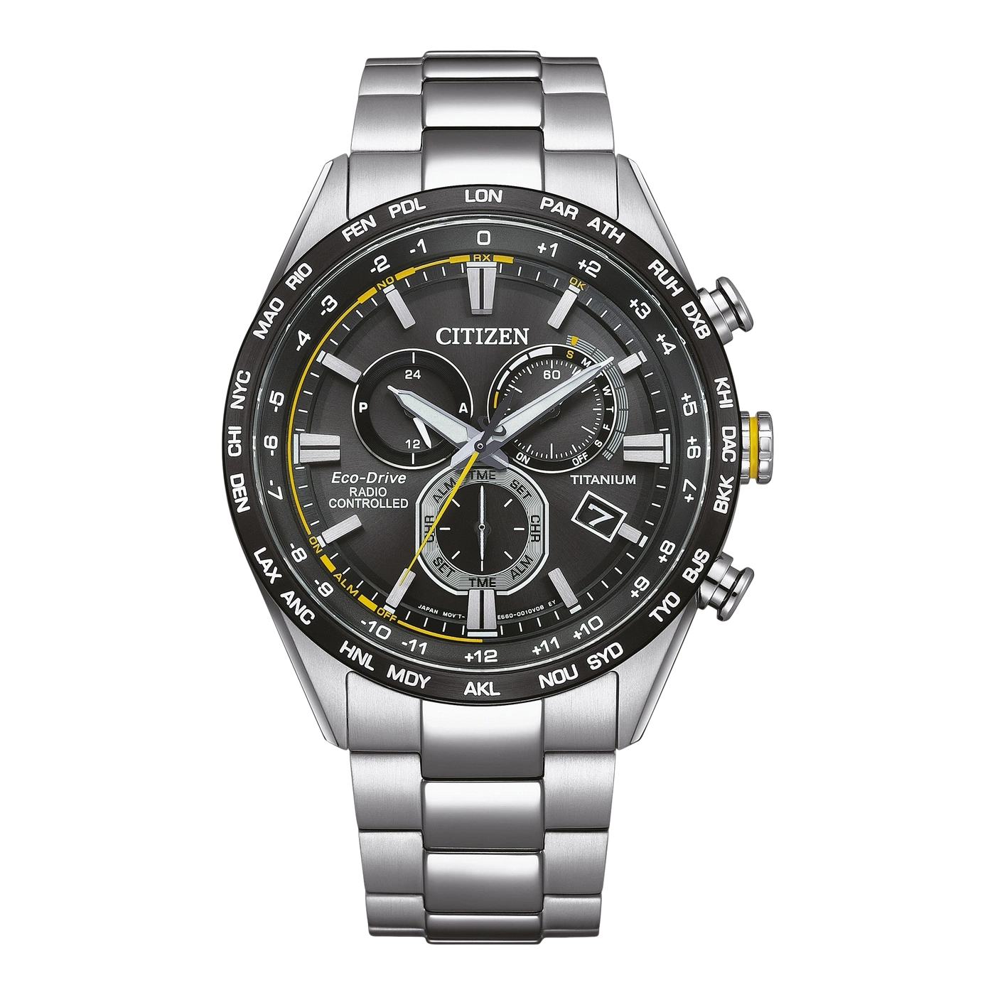 Citizen-Uhr mit Titangehäuse, funkgesteuert, Zeitzonen und Eco-Drive-Technologie.