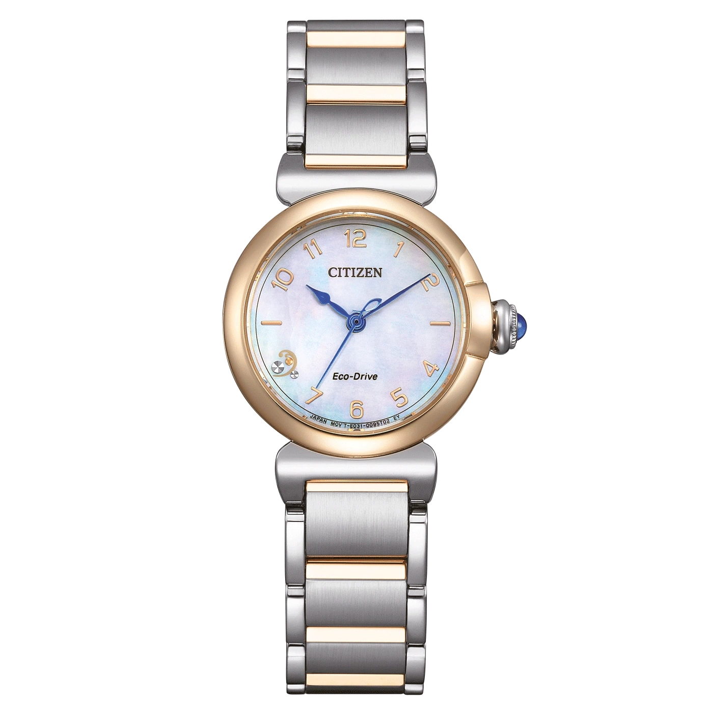 Citizen Eco-Drive Uhr mit Gold- und Silberarmband, blauen Zeigern und Perlmutt-Zifferblatt.