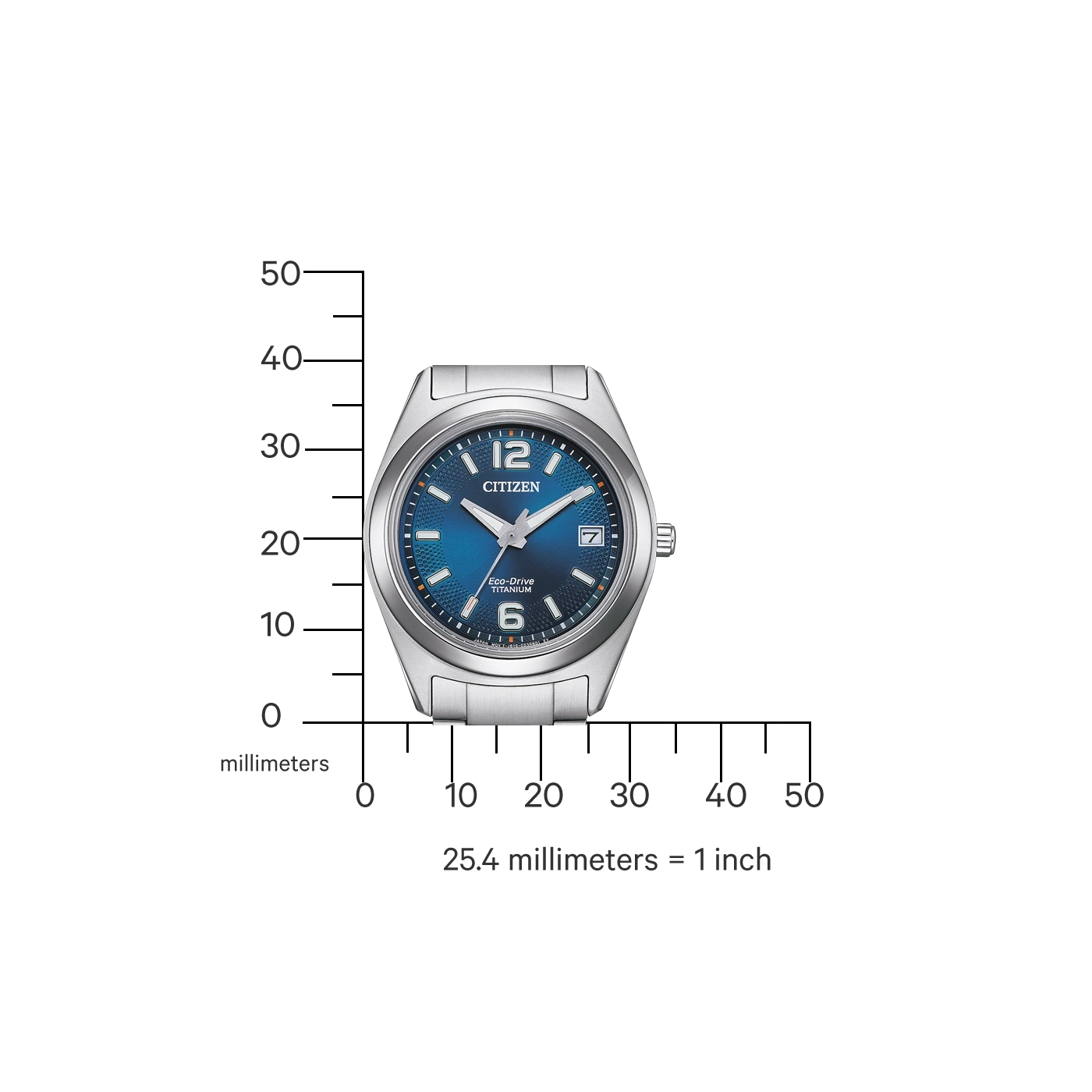 Citizen-Uhr mit blauem Zifferblatt, Titan, Eco-Drive und Millimeterskala.