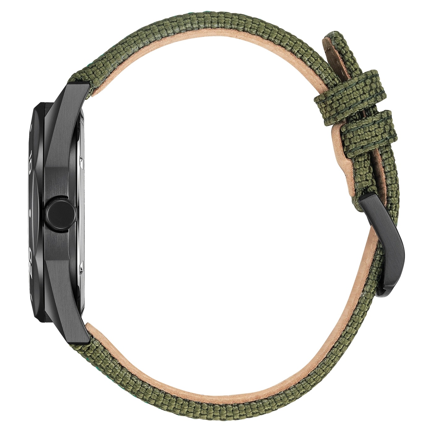 Seitenansicht einer schwarzen Uhr mit grünem Stoffarmband.