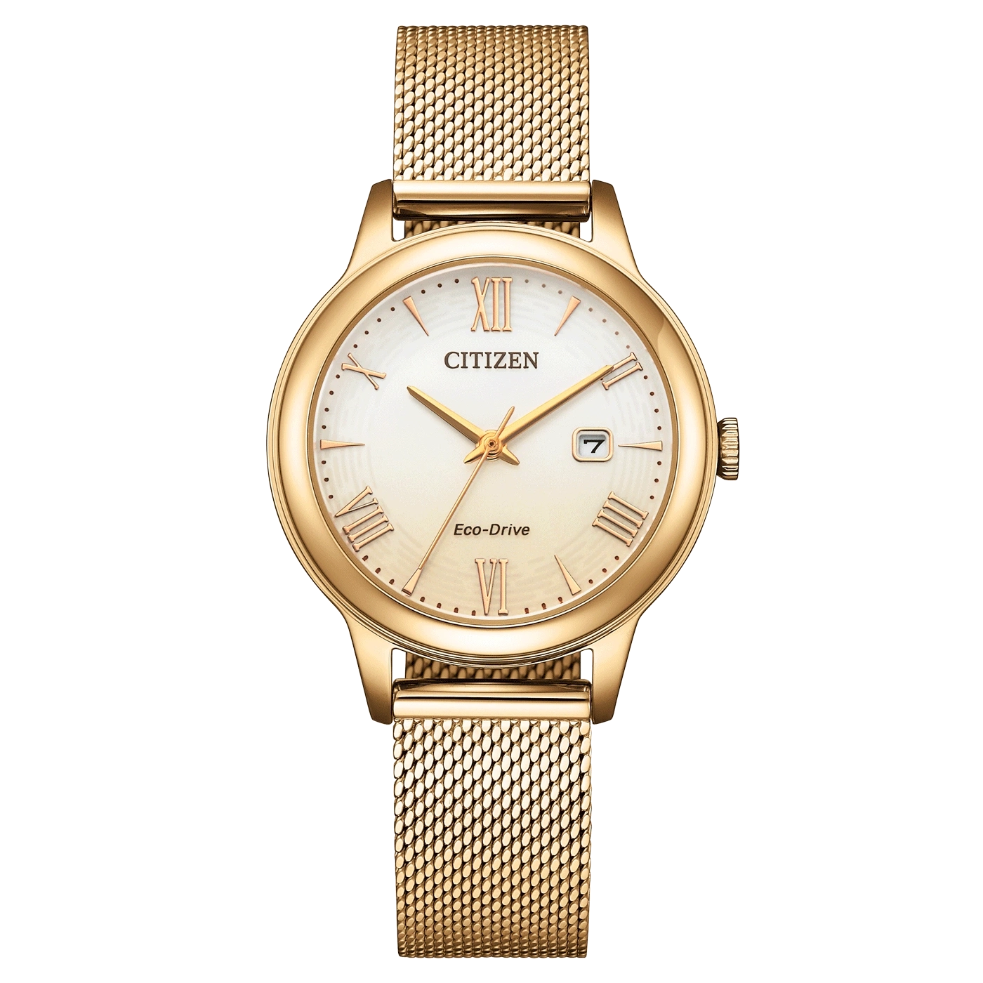Goldene Citizen-Uhr mit weißem Zifferblatt und Mesh-Armband, elegantes Design.