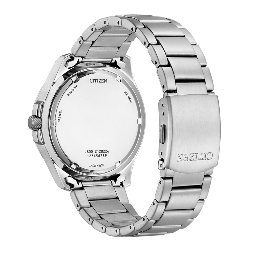 Citizen-Uhrenrückseite, Edelstahl, Eco-Drive, W.R. 10bar, Japan Movt.