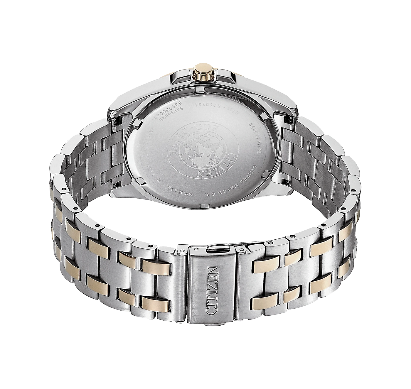 Citizen-Uhrrückseite mit silbernem und goldenem Armband, Eco-Drive, Saphirglas