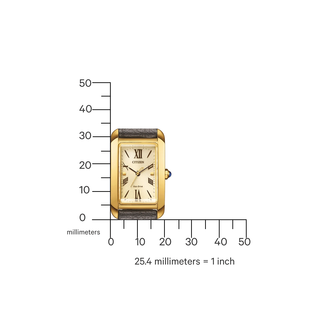 Goldene Citizen-Uhr mit schwarzem Armband, Maßstab und Text in Millimetern und Zoll.