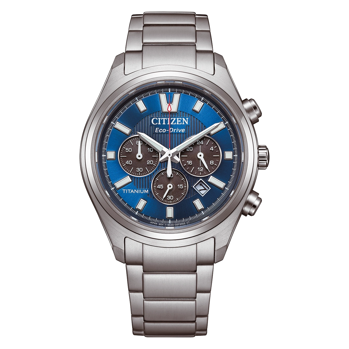 Nahaufnahme einer silbernen Citizen Eco-Drive Titan-Chronographenuhr mit blauem Zifferblatt.