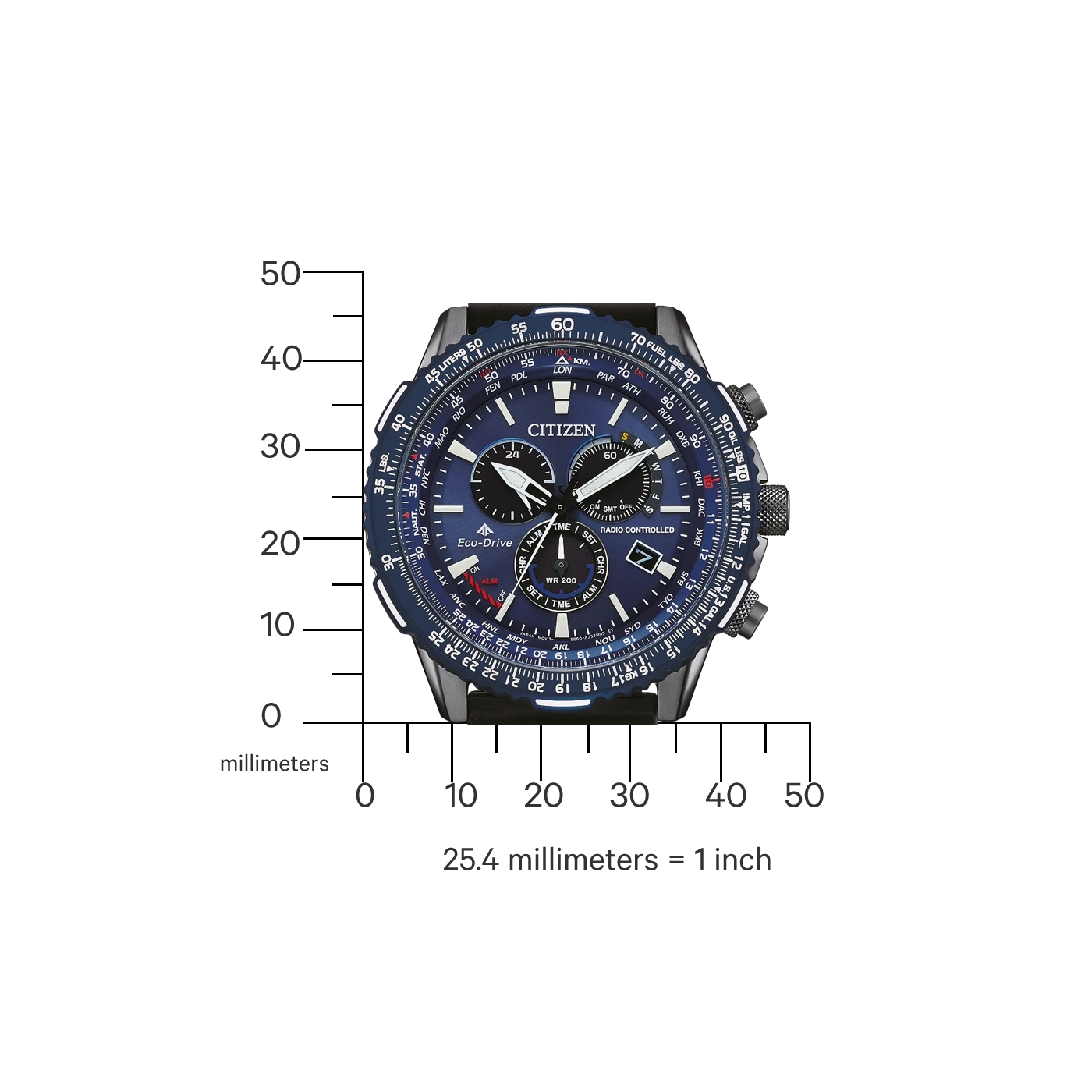 Citizen-Uhr mit blauem Zifferblatt, zeigt Zeit und Maße in Millimetern und Zoll.
