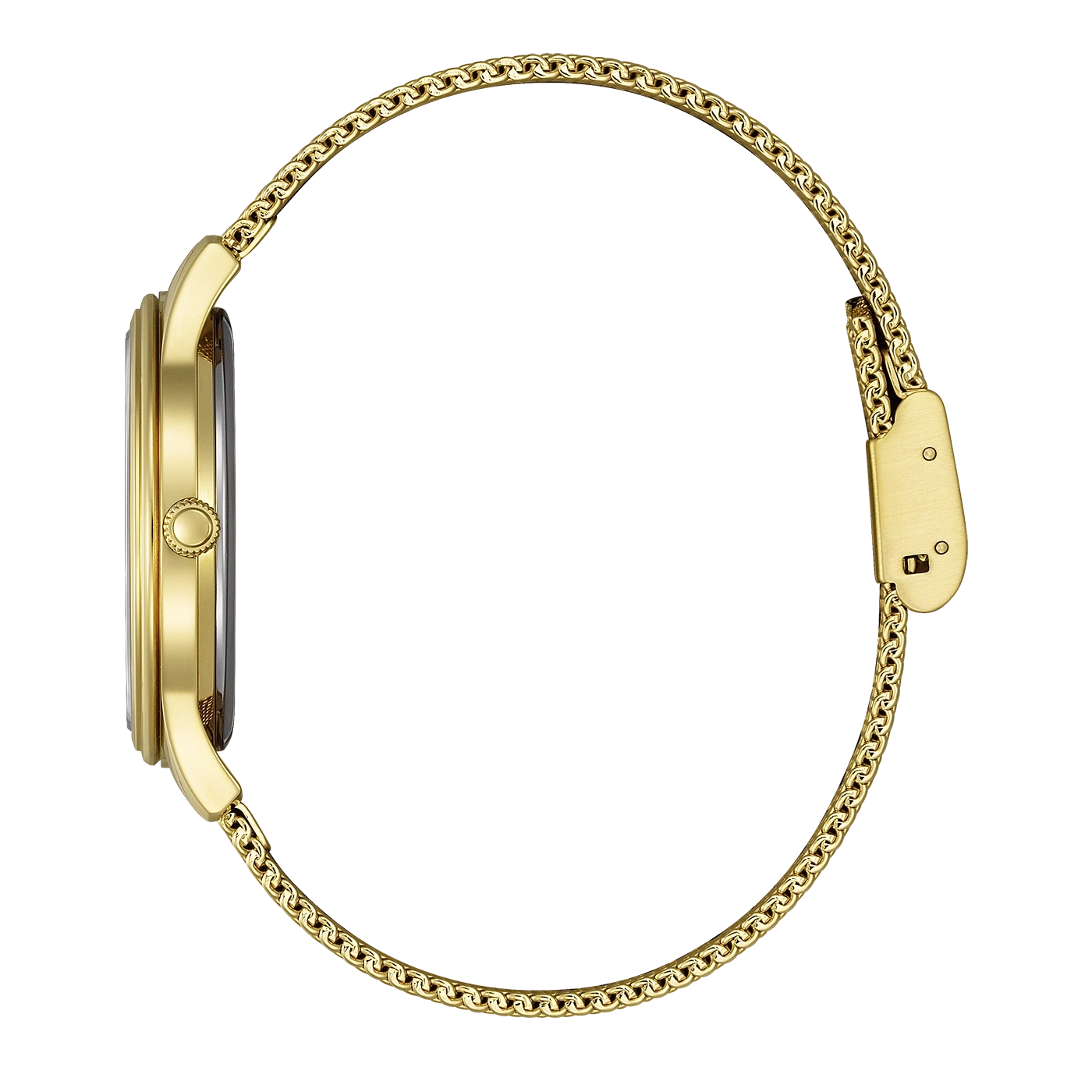 Eine goldene Uhr mit Milanaise-Armband ist von der Seite abgebildet.