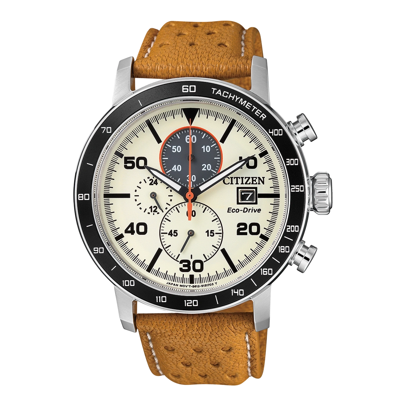 Citizen-Uhr mit cremefarbenem Zifferblatt, schwarzer Lünette und braunem Lederarmband.