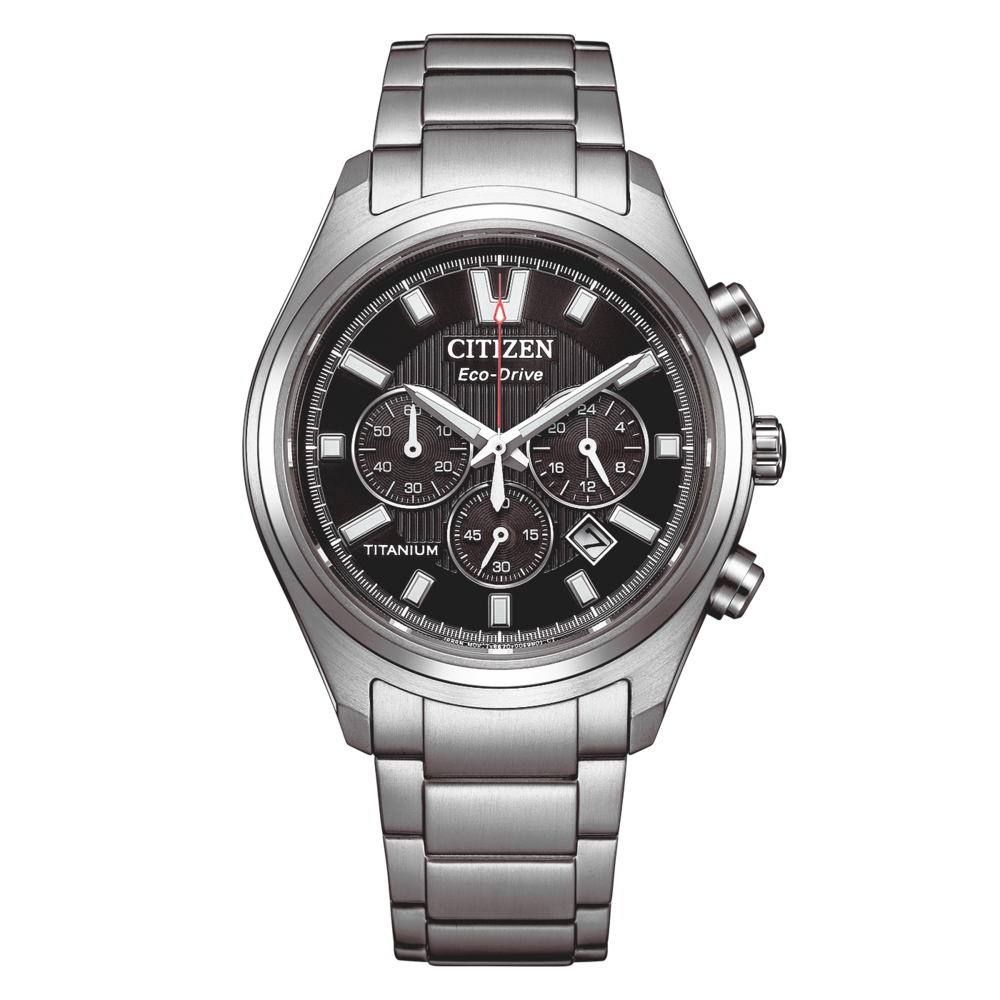 Eine Citizen Eco-Drive Chronograph-Uhr aus Titan mit schwarzem Zifferblatt.
