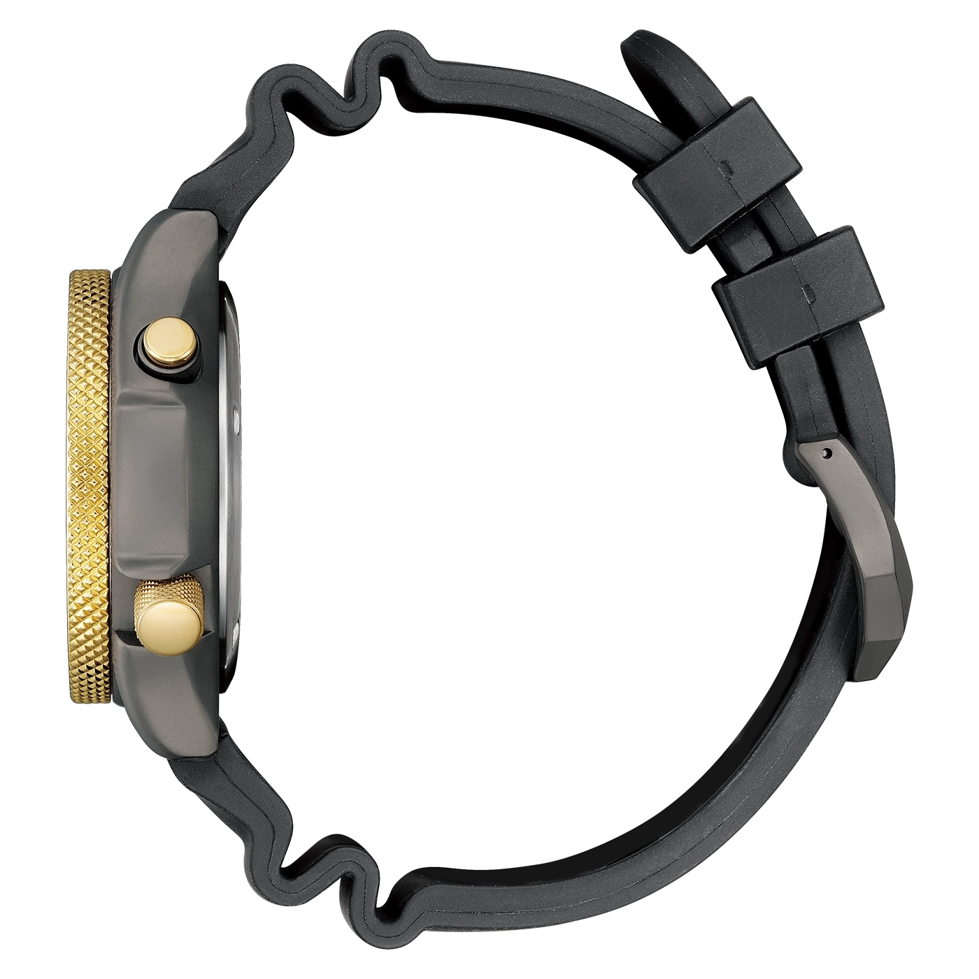 Seitenansicht einer schwarzen Uhr mit goldenen Akzenten und einem schwarzen Armband.