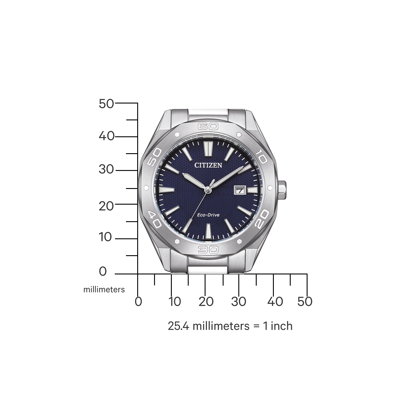 Citizen-Uhr mit blauem Zifferblatt, silberner Lünette und Eco-Drive-Technologie. Zeigt die Zeit an.